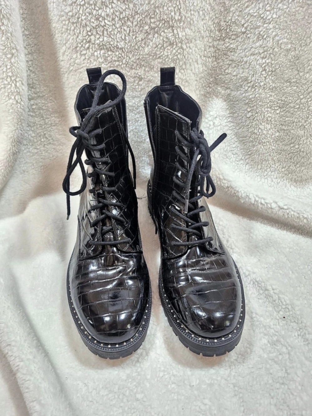 Women's Black Crocodile-Embossed Combat Boots Like New Side 11